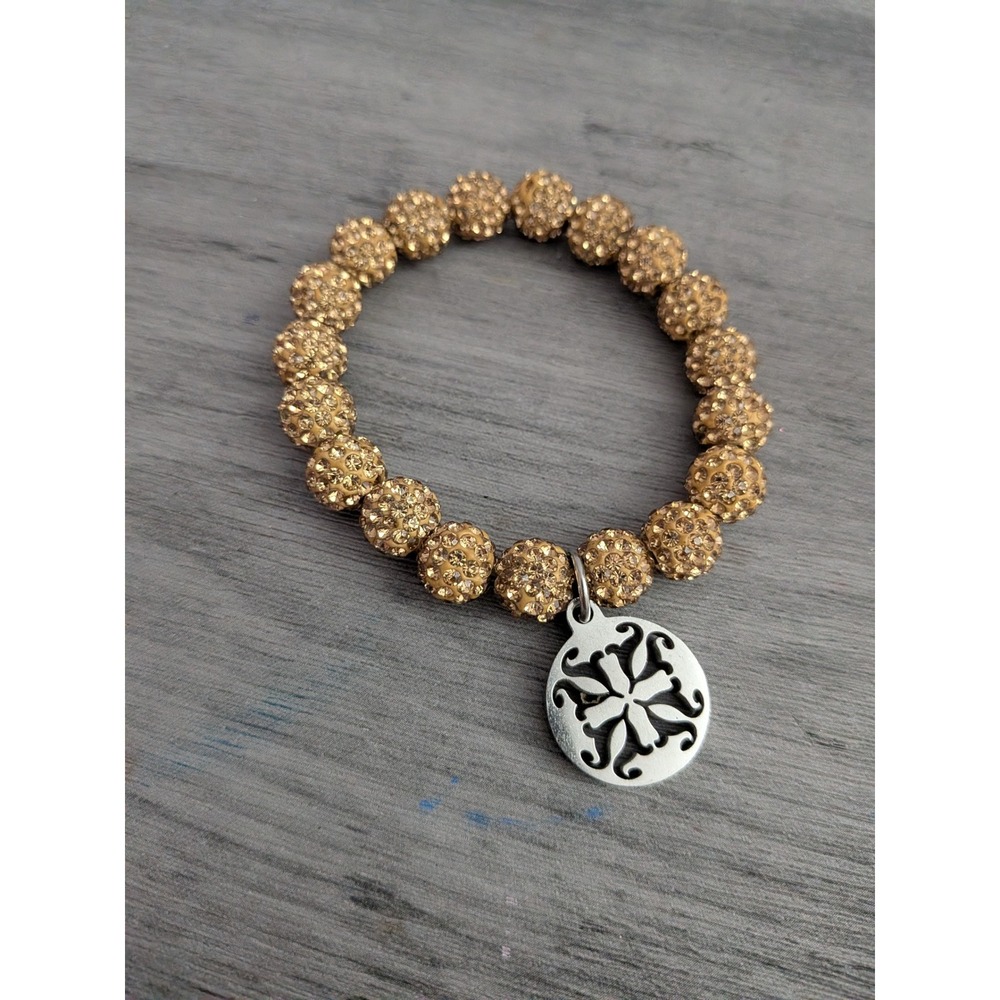 Rustic Cuff Gold Pave Crystal Bead Stretch Bracelet Silver Charm Sparkle